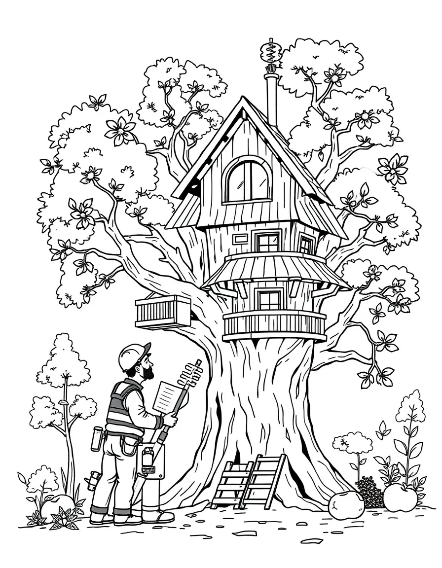 Construction worker dryad building tree houses