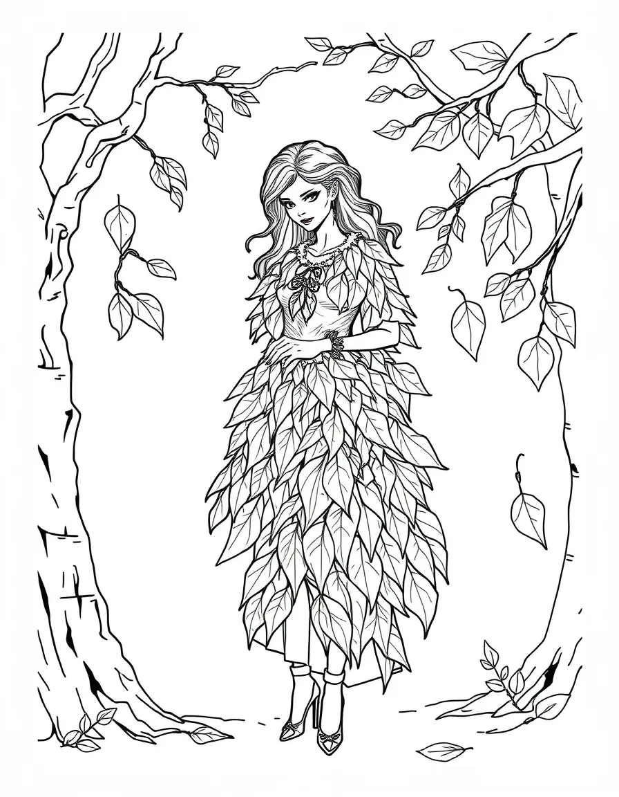 Fashion designer dryad creating bark and leaf clothing