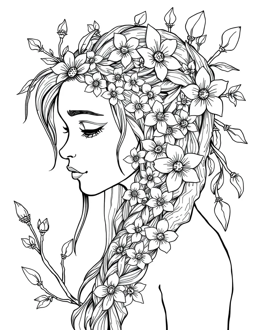 Dryad braiding flowers into bark-textured hair
