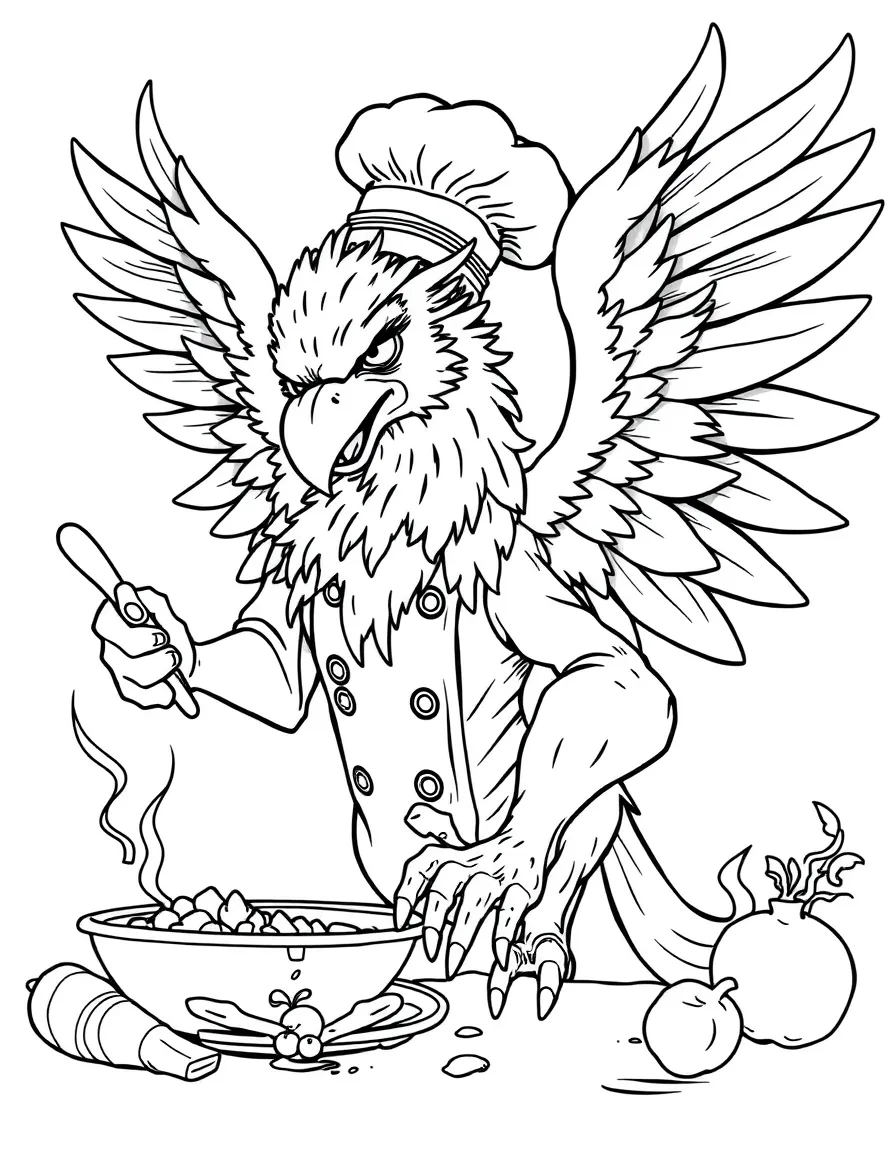 Chef gryphon cooking with talon-held utensils