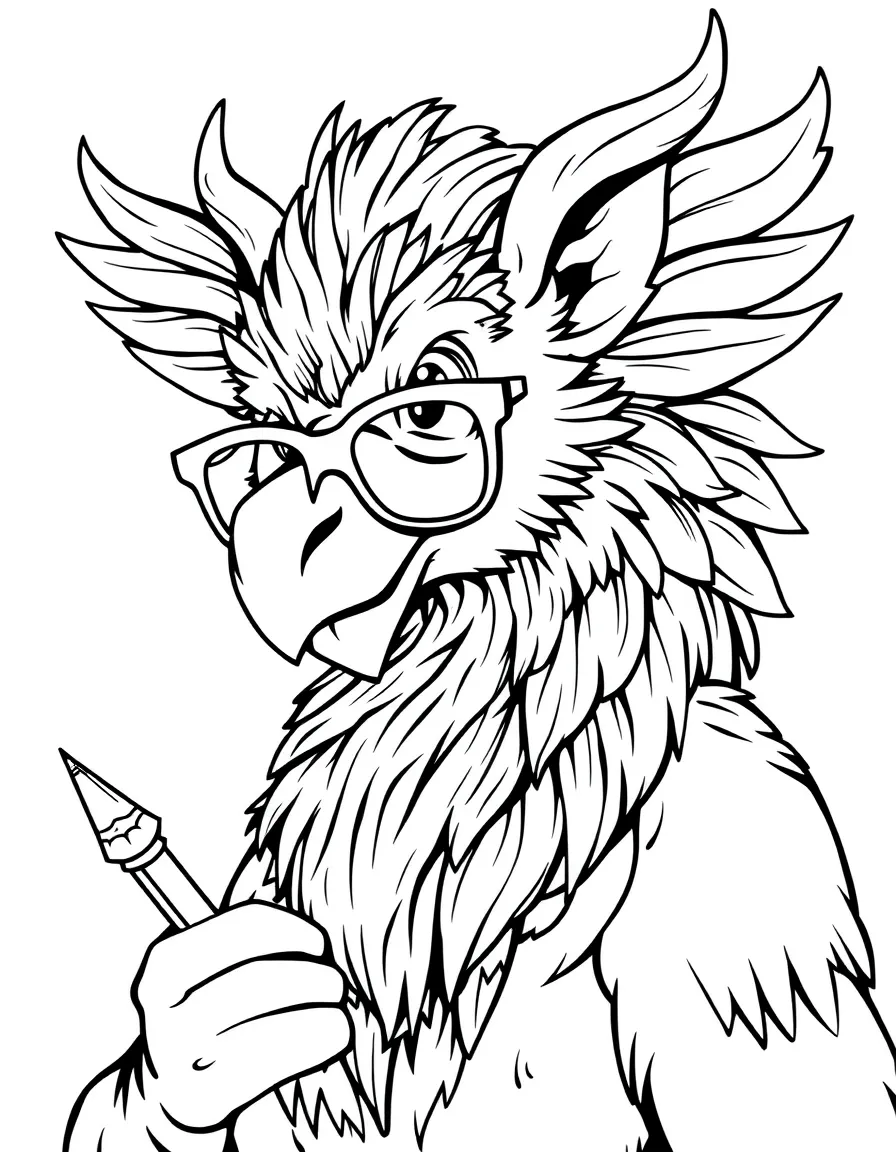 Teacher gryphon with bird glasses and lion pointer