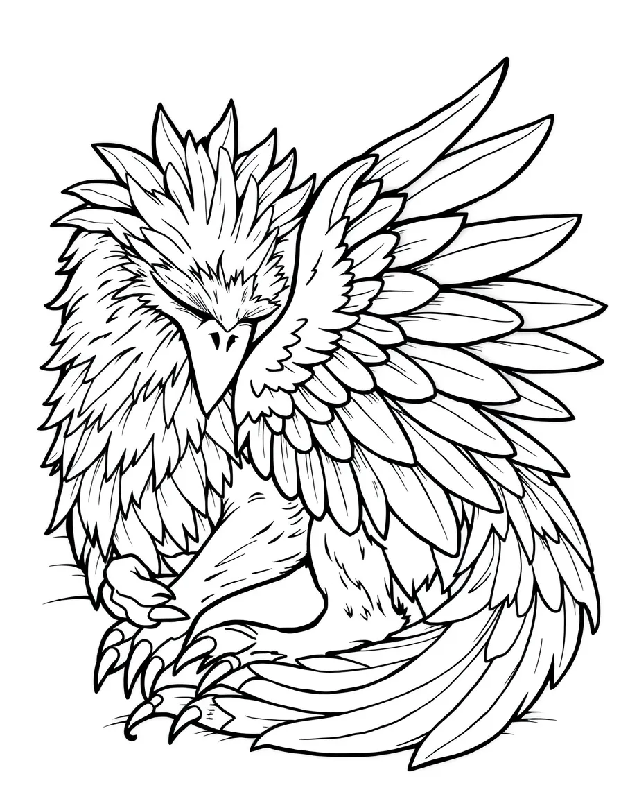 Sleepy gryphon curled up with wings as blanket
