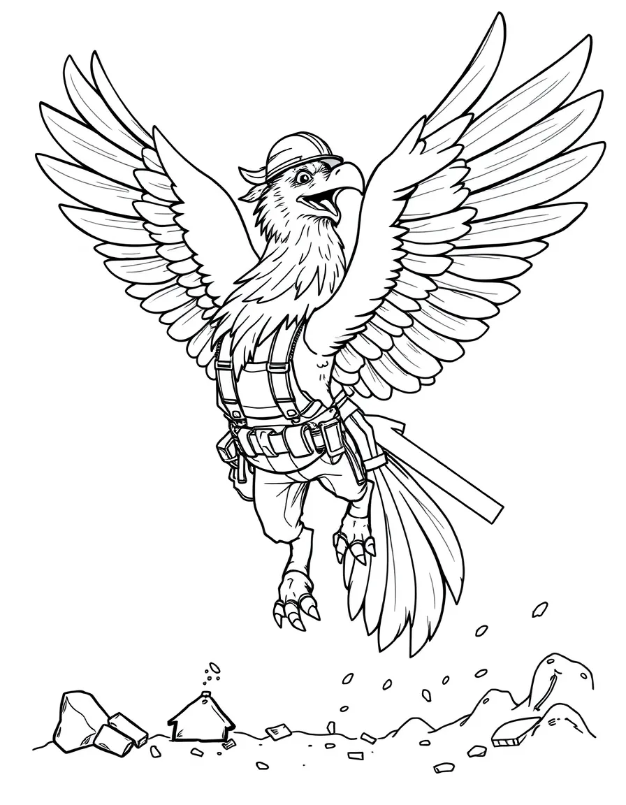 Construction worker gryphon carrying materials in flight