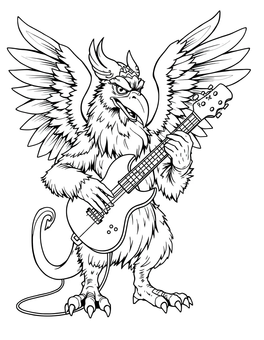 Musician gryphon playing instruments with beak and paws