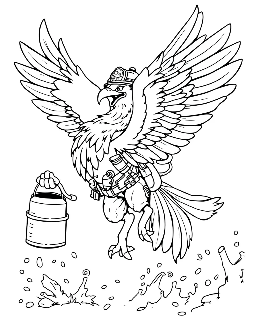 Firefighter gryphon carrying water buckets in flight