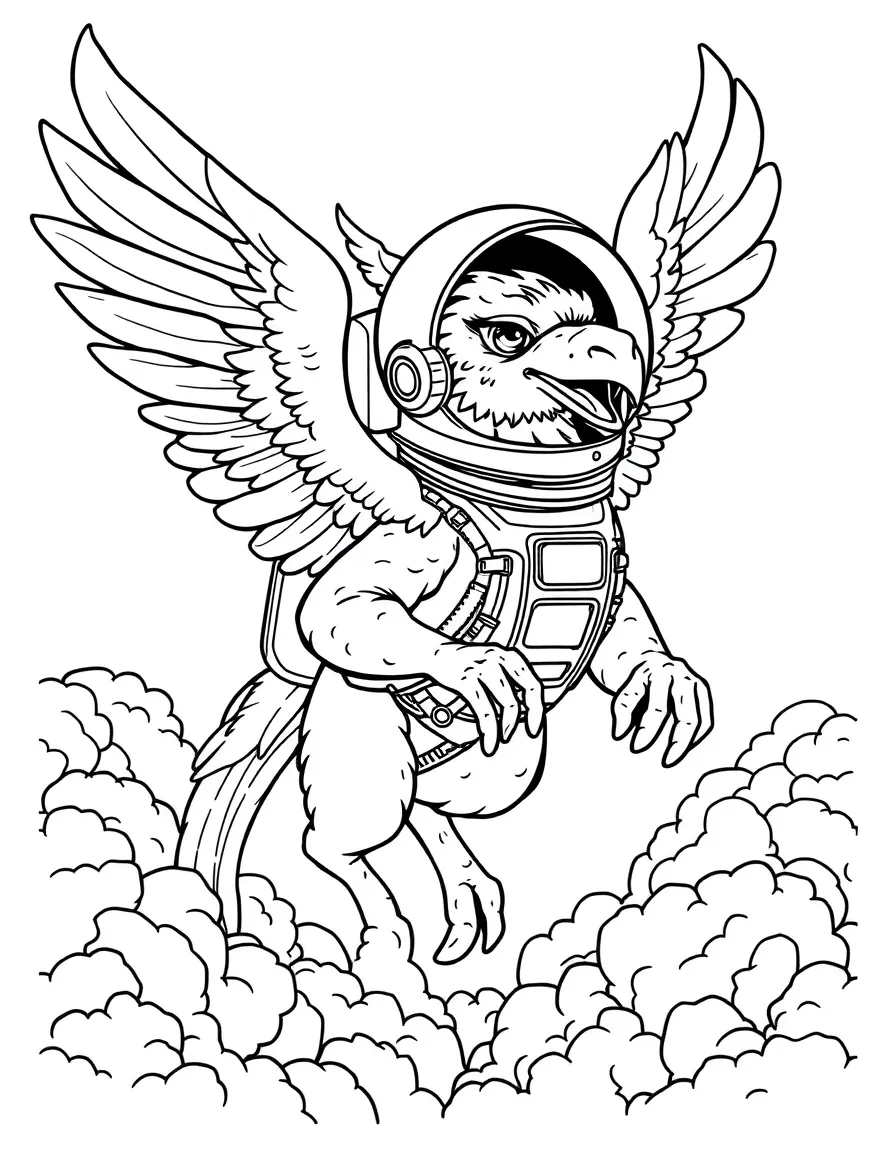 Astronaut gryphon soaring through clouds with helmet