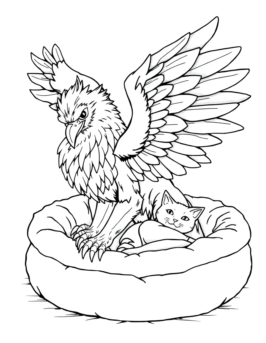 Gryphon trying to fit into cat bed with wings folded