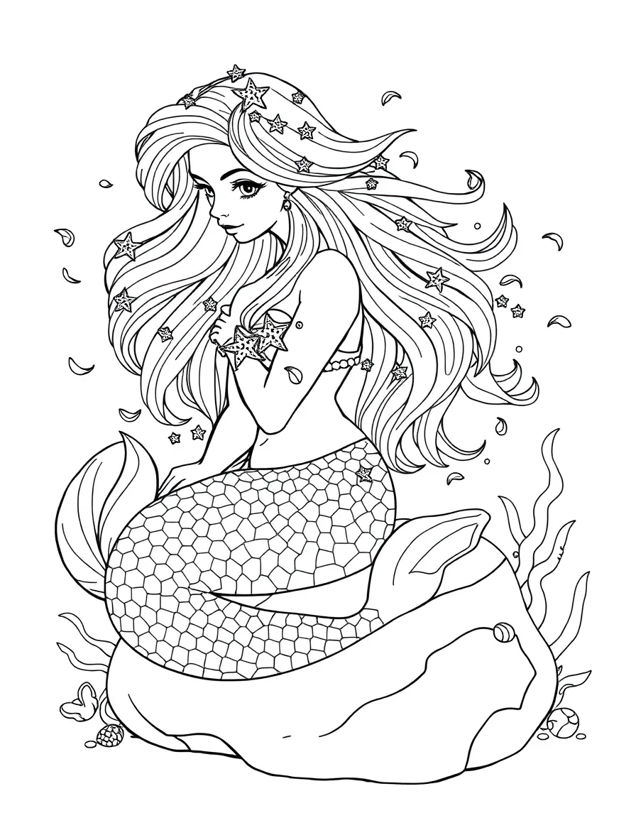 A beautiful mermaid with flowing hair adorned with small starfish and shells, relaxing on a rock