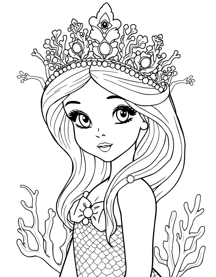 Young mermaid princess with an intricate crown made of coral and pearls