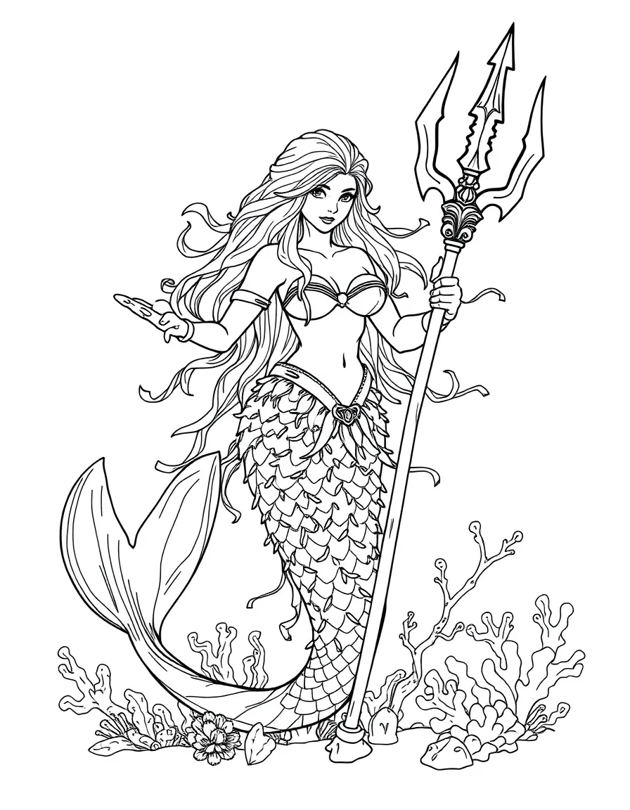 Warrior mermaid with seaweed armor and a trident made of coral