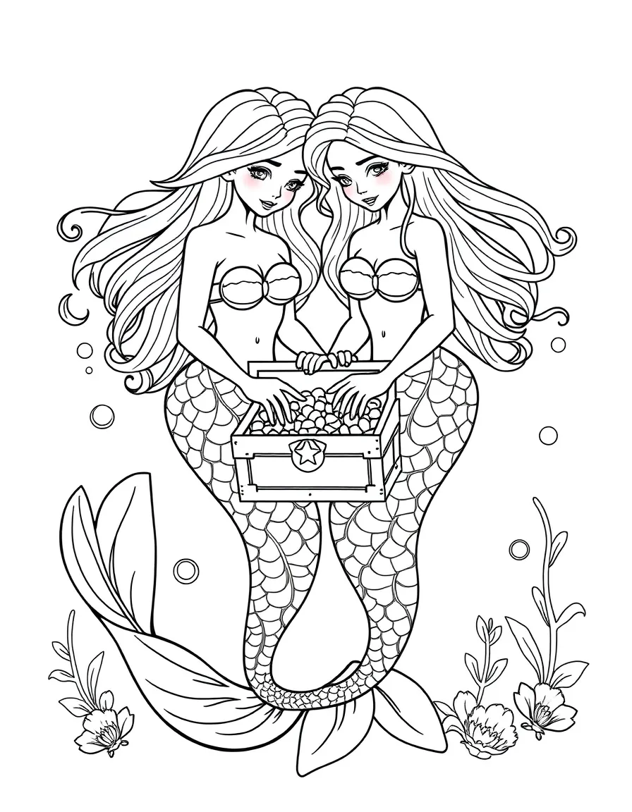 Twin mermaid sisters with intertwined tails, sharing a treasure chest