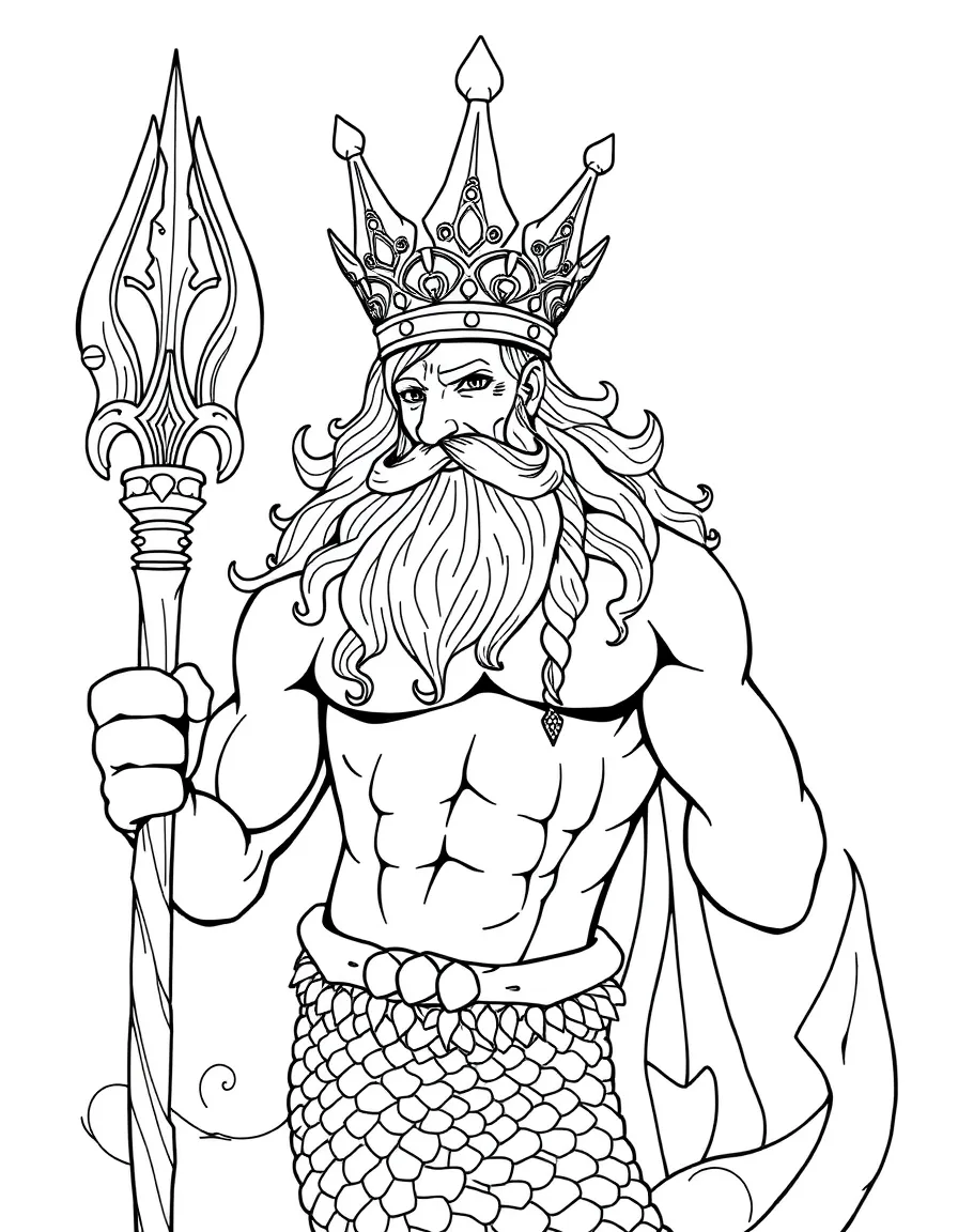 Merman king with an elaborate crown and muscular upper body, holding a staff made from narwhal tusk
