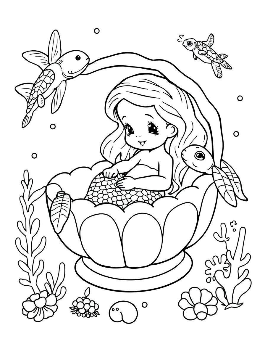 Baby mermaid in a shell crib being rocked by sea turtles