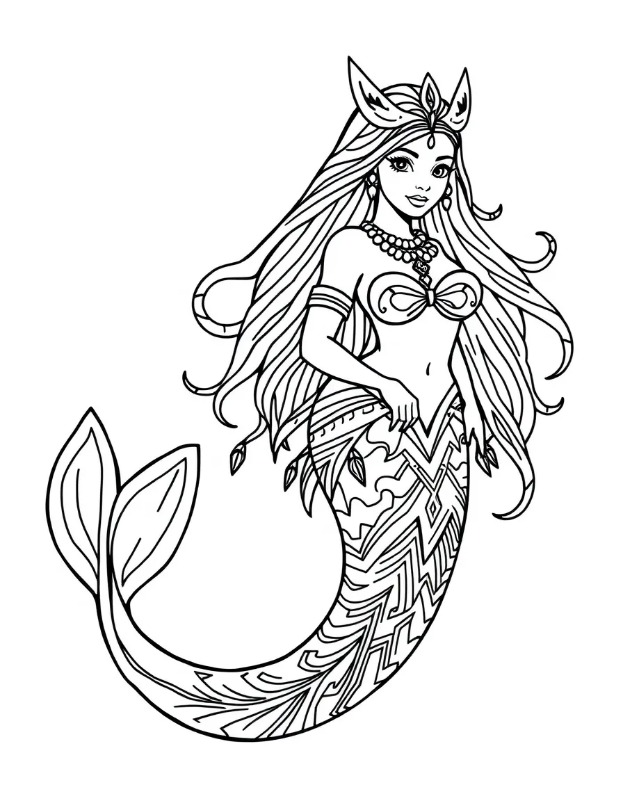 Mermaid with an orca-inspired tail pattern wearing tribal markings and jewelry