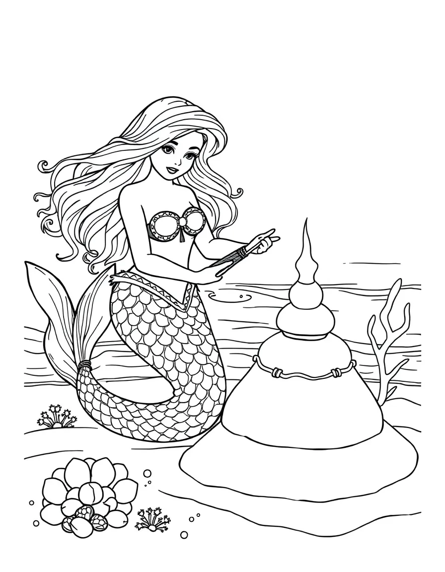Mermaid artist creating sand sculptures on the ocean floor