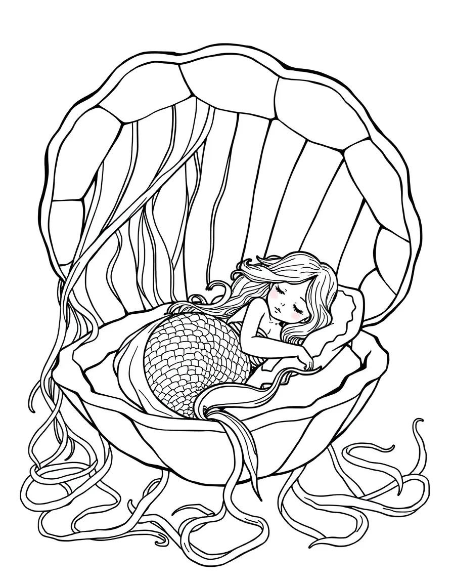 Sleeping mermaid nestled in a giant clam bed with translucent curtains of jellyfish tendrils