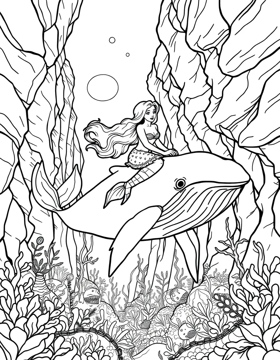 Mermaid riding on the back of a friendly whale through an underwater canyon