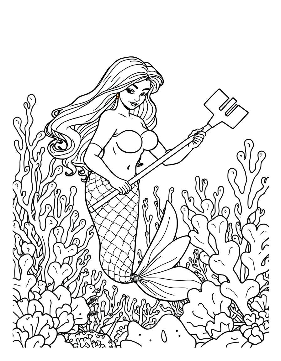 Mermaid gardener tending to a coral garden with specialized tools