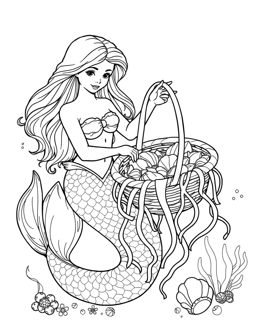 Mermaid weaving a basket from flexible seaweed and decorating it with shells