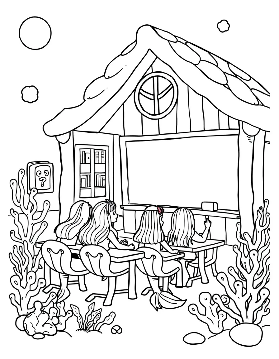 Mermaid schoolhouse with students at shell desks and a coral chalkboard