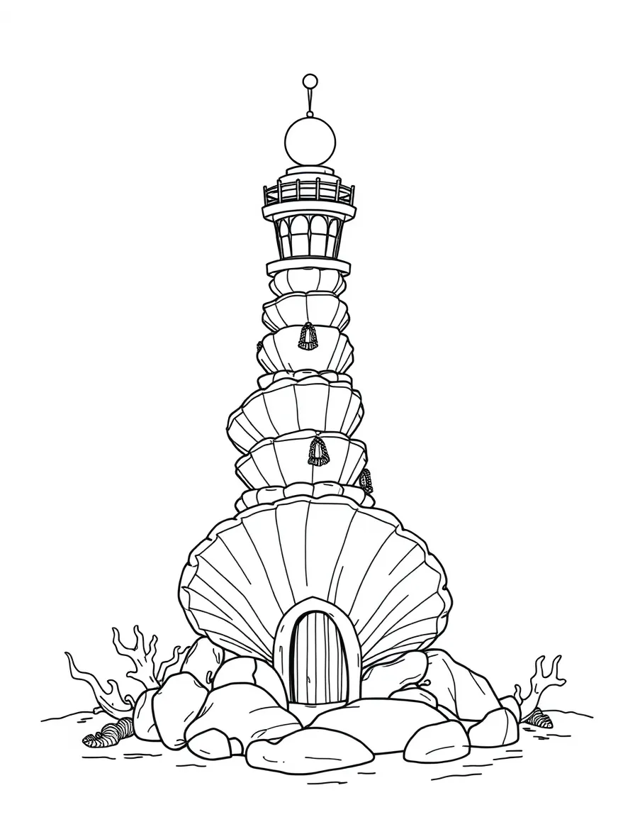 Mermaid lighthouse constructed from stacked giant clams with a pearl beacon