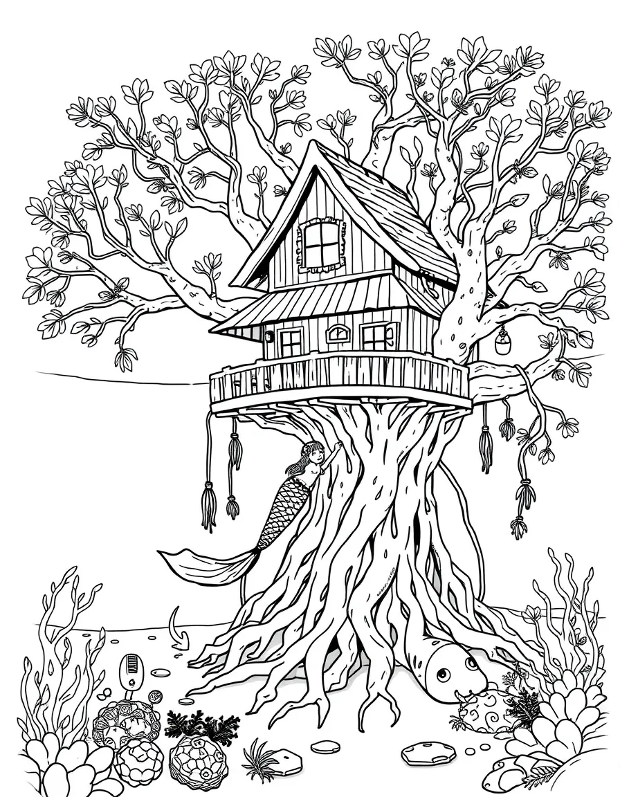 Mermaid treehouse built in submarine mangrove roots near the surface