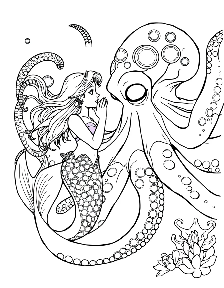 Mermaid whispering secrets to a giant octopus