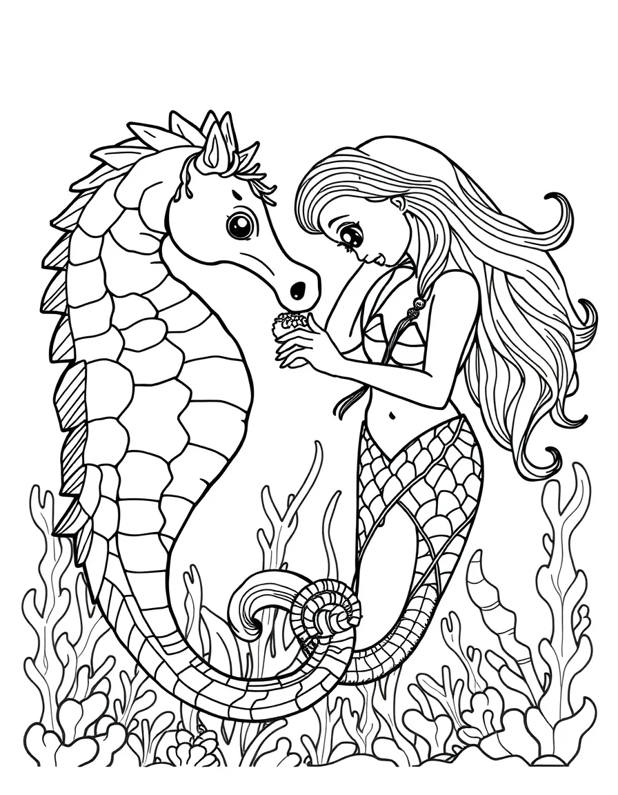 Mermaid taming wild seahorses with gentle gestures and treats