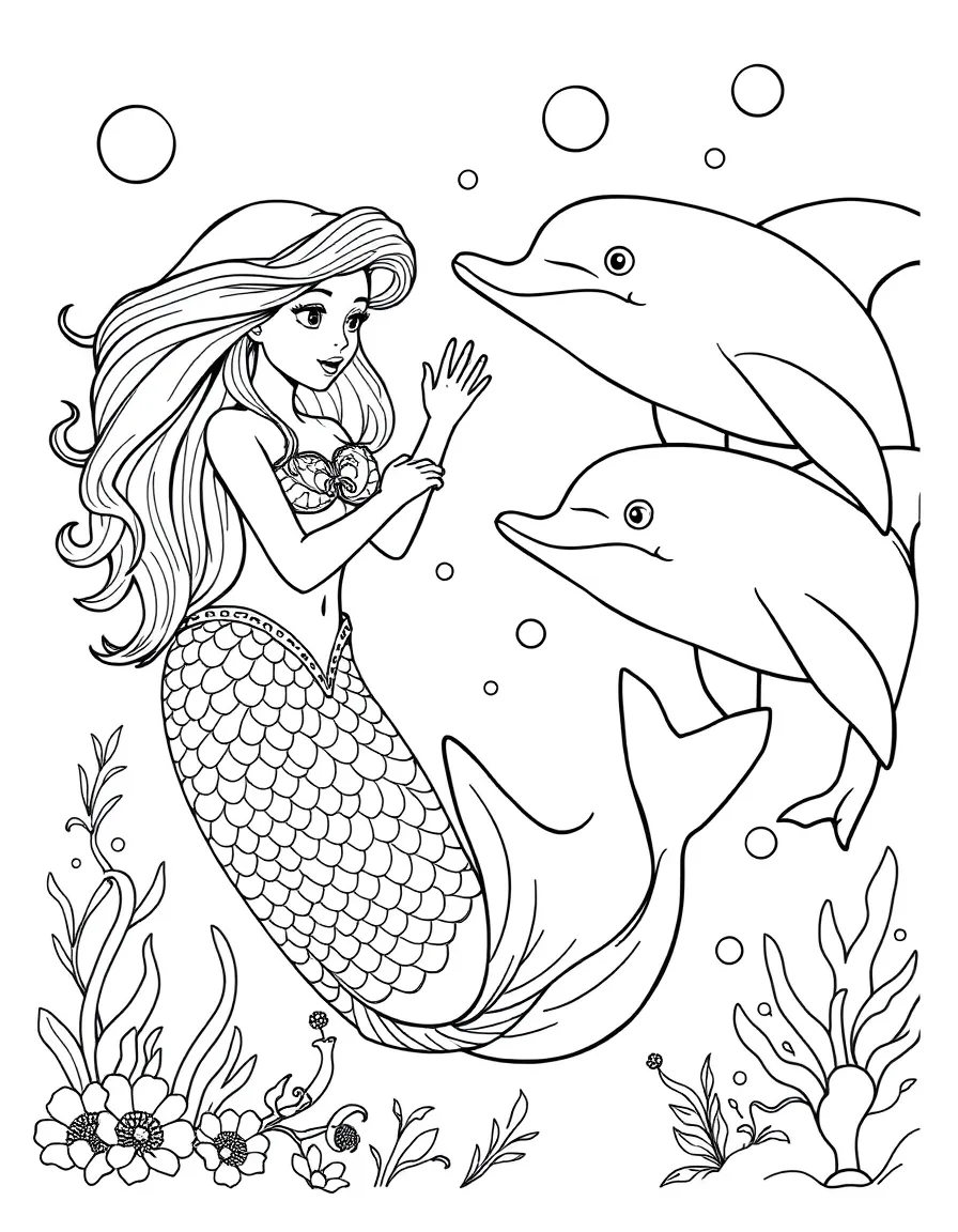 Mermaid communicating with dolphins using a special sign language