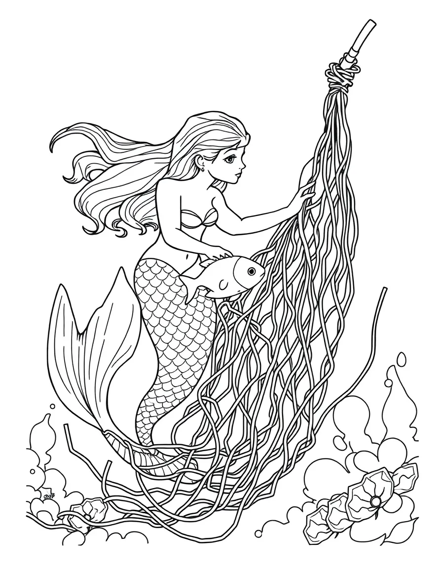 Mermaid rescuing a small fish from a tangle of discarded fishing net
