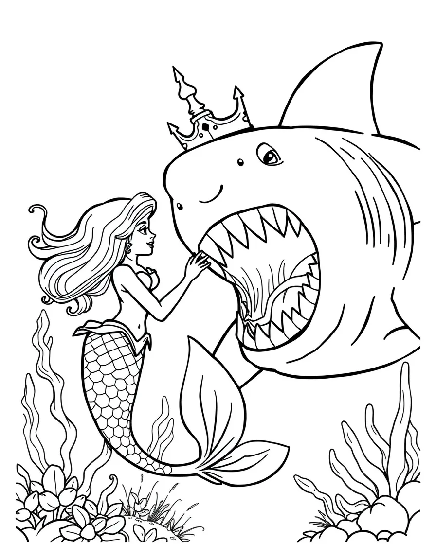Mermaid negotiating with the intimidating king of sharks