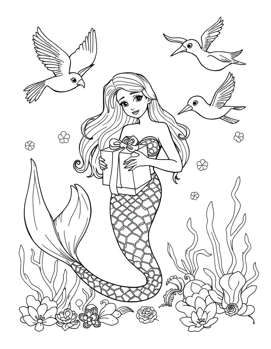 Mermaid receiving gifts and messages from helpful seabirds