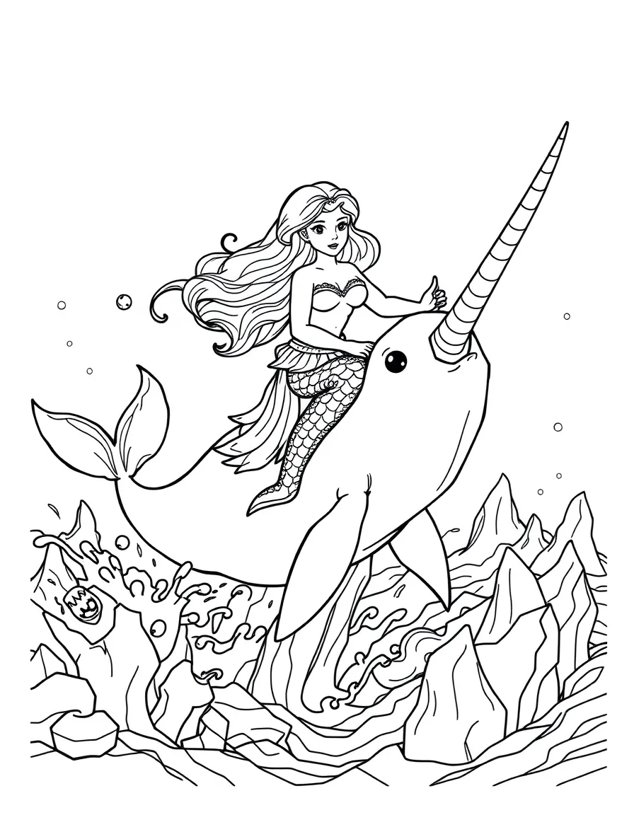 Mermaid riding a narwhal through dangerous icy waters