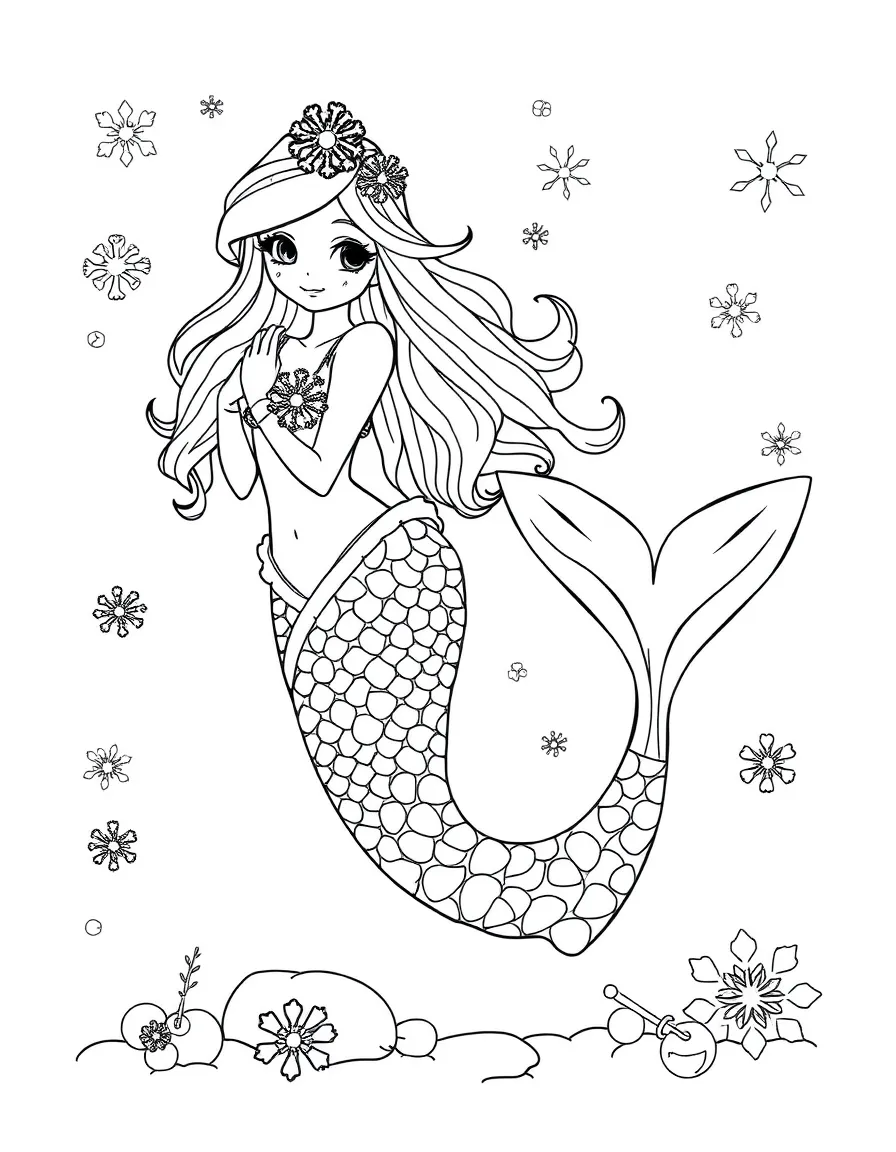 Winter mermaid with an icy blue tail and snowflake accessories