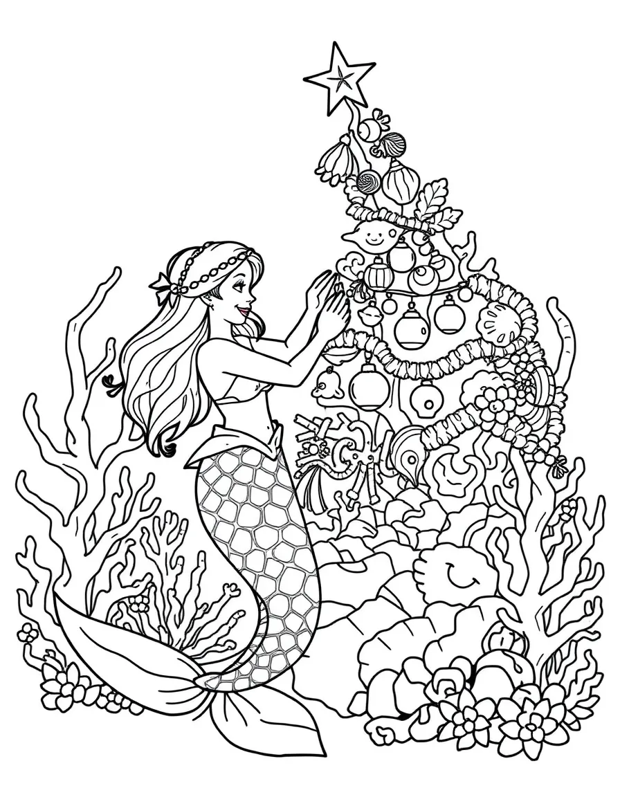 Christmas mermaid decorating a coral tree with shell ornaments and kelp garlands