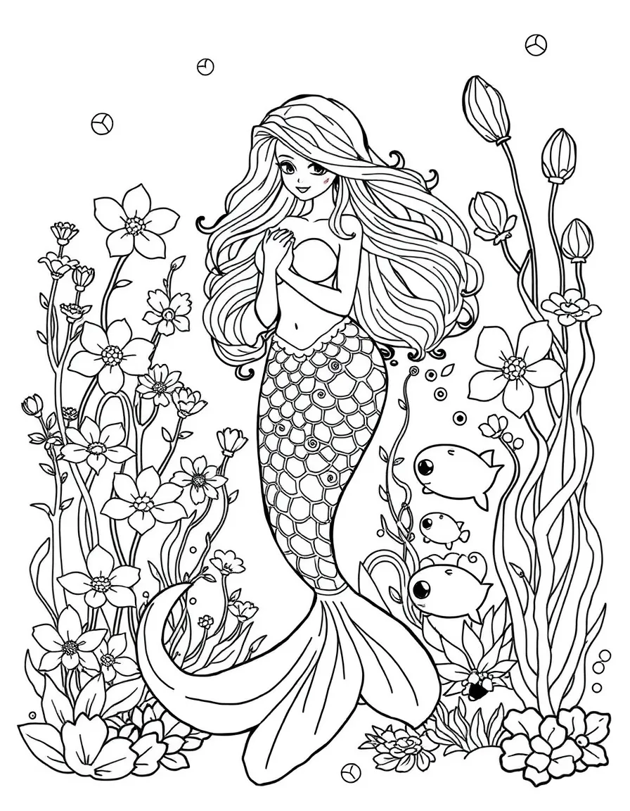 Spring mermaid surrounded by newly blooming sea flowers and baby sea creatures