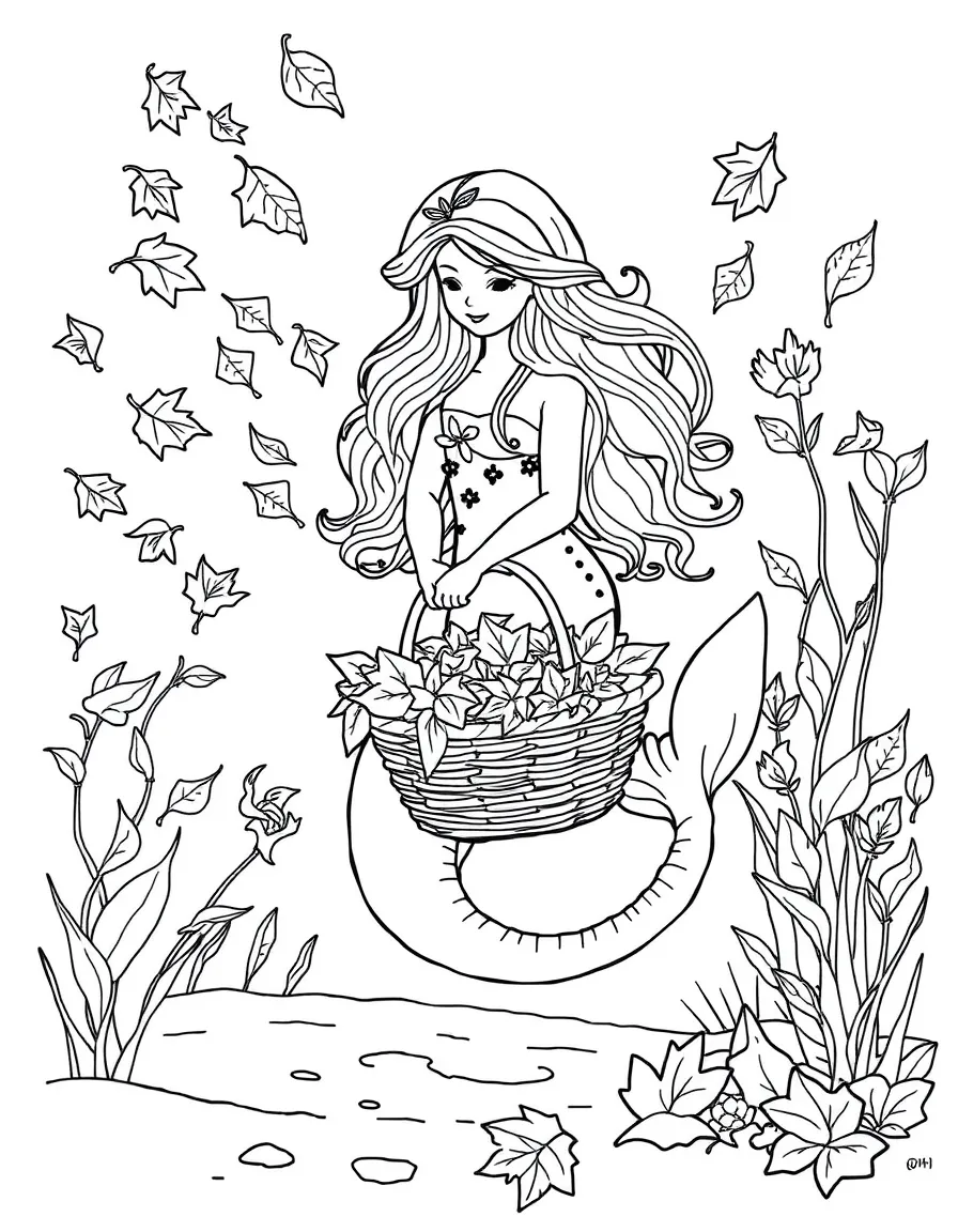 Autumn mermaid collecting colorful falling sea leaves in a woven basket