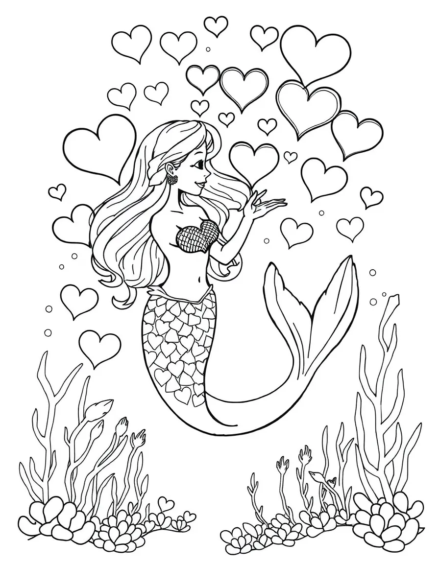 Valentine's Day mermaid creating heart-shaped bubbles for underwater messages