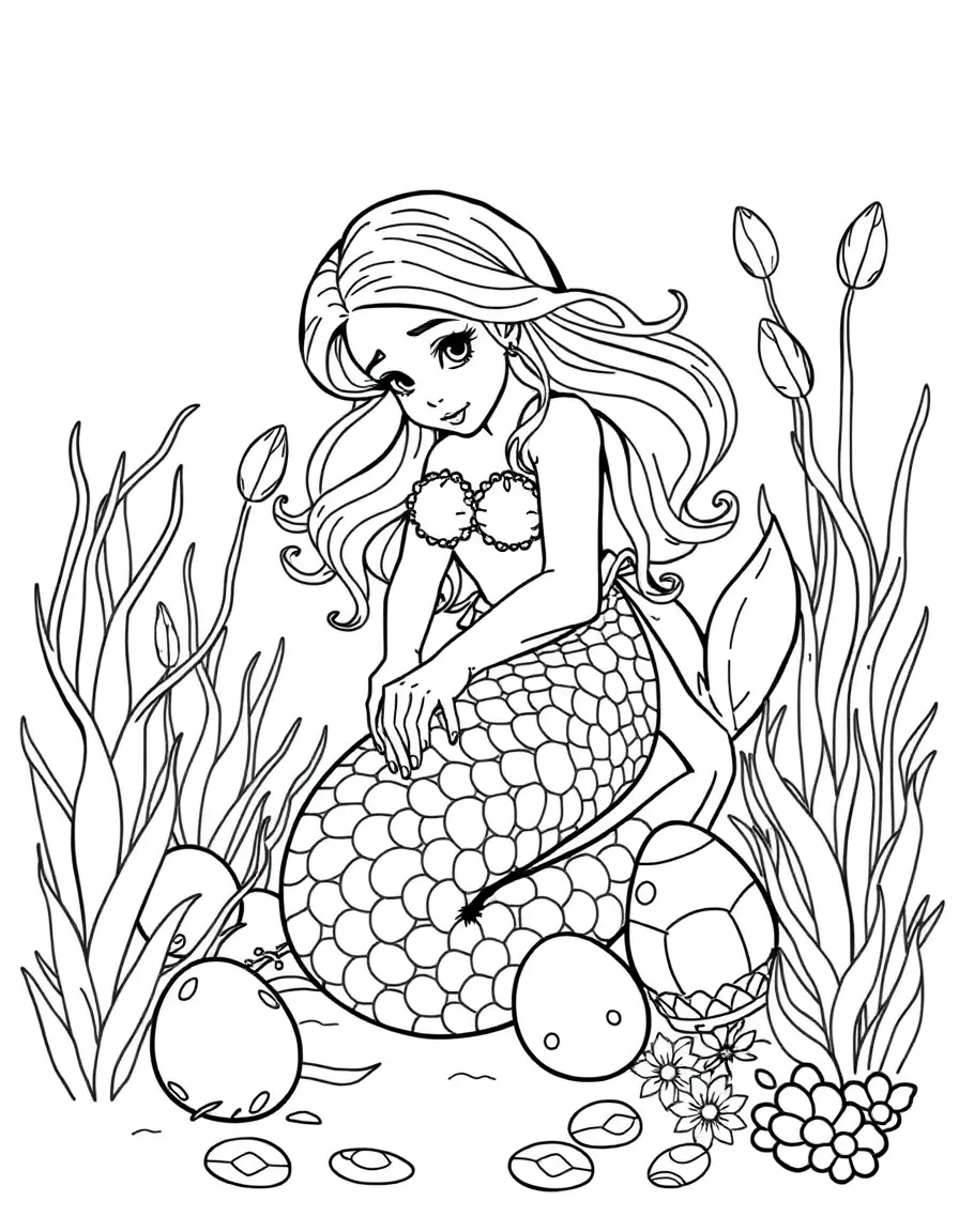 Easter mermaid hiding colorful pearl eggs for young merfolk to find