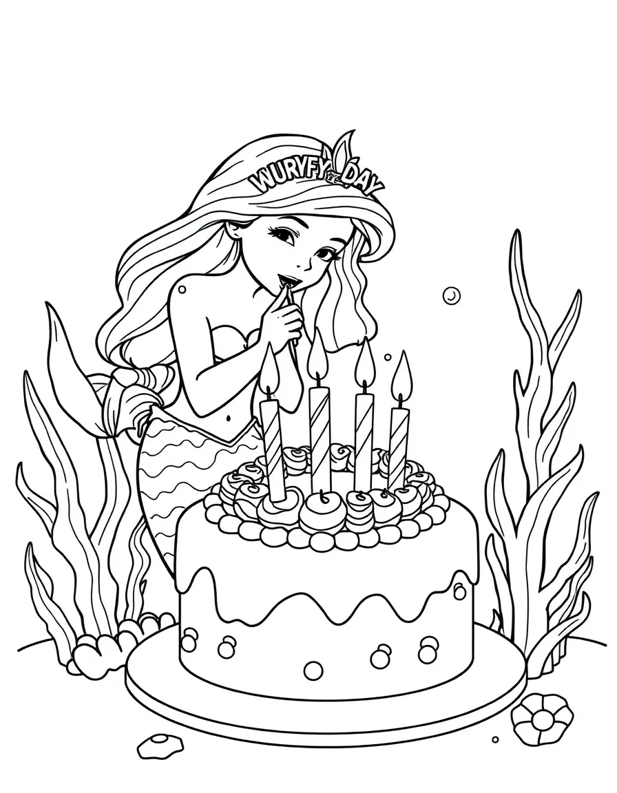 Birthday mermaid blowing out candles on a special seaweed cake