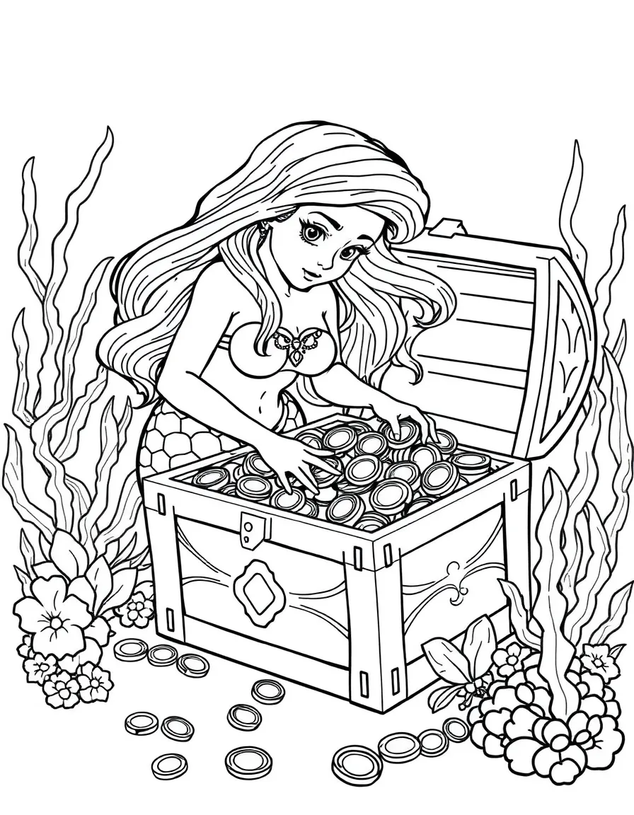 Mermaid discovering a chest filled with human coins and jewelry