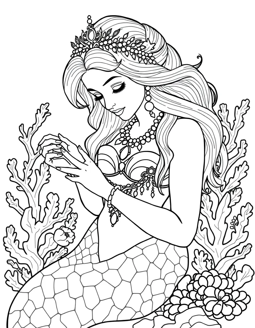 Mermaid jeweler crafting ornate accessories from coral and pearls