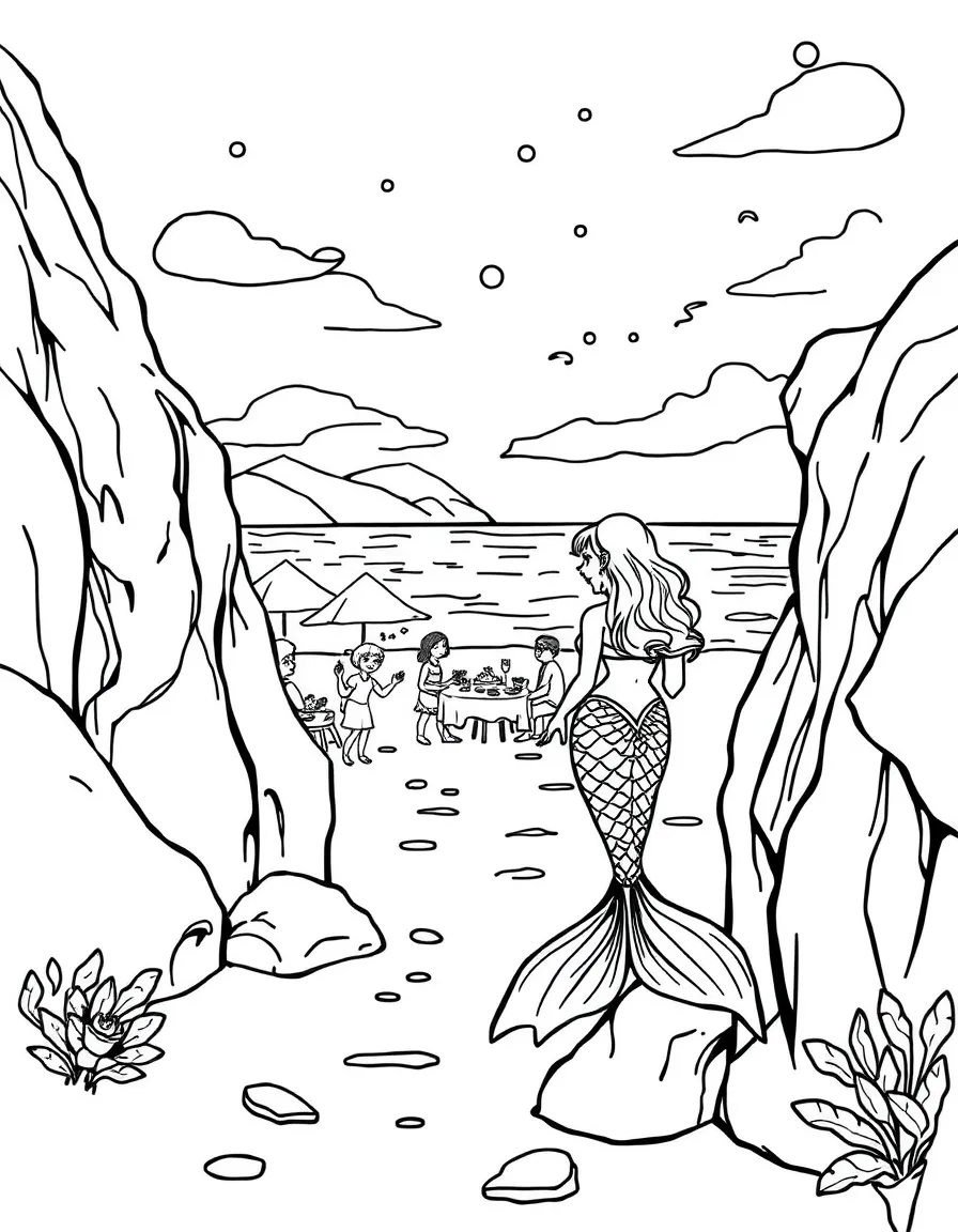 Mermaid secretly watching a human beach party from behind rocks