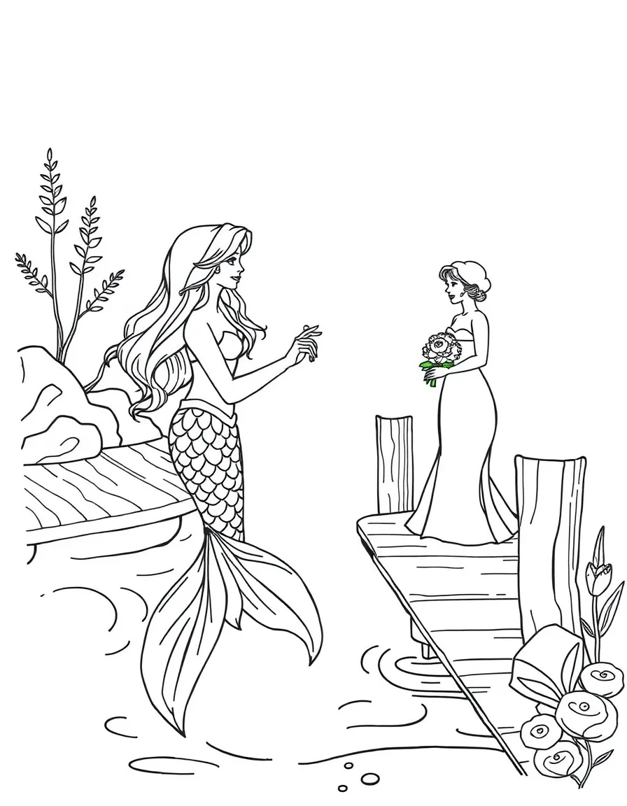 Mermaid returning a lost wedding ring to a woman on a dock