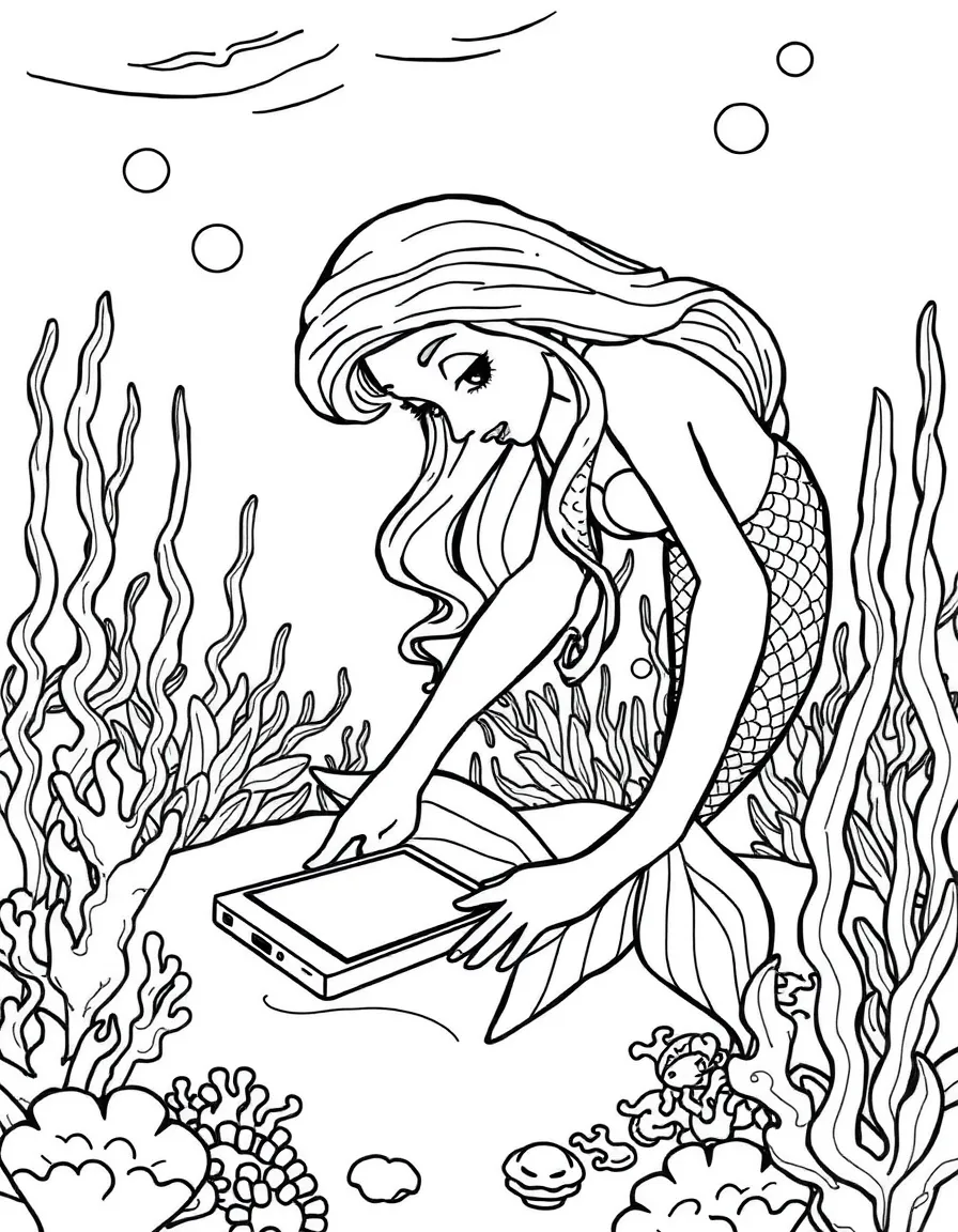 Mermaid curiously examining a dropped smartphone on the ocean floor