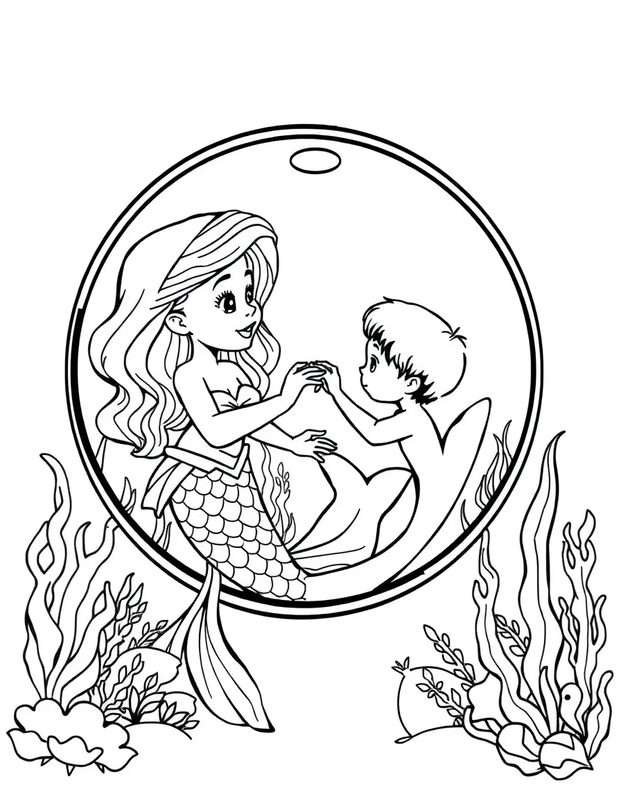 Mermaid and human child making friends through an aquarium glass