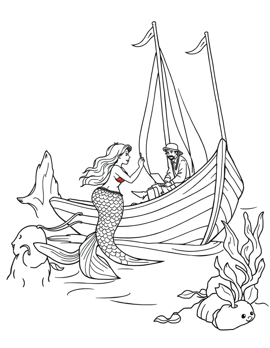 Mermaid helping stranded sailors fix their damaged boat
