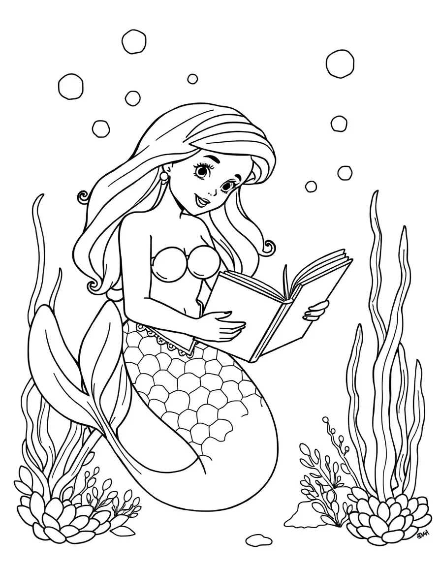 Mermaid learning to read from a waterproof book given by a human friend