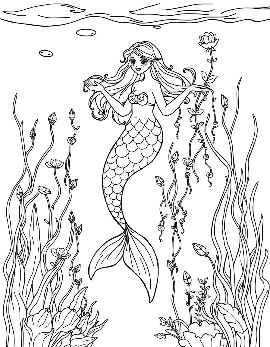 Mermaid floating garden with plants growing down from the water's surface