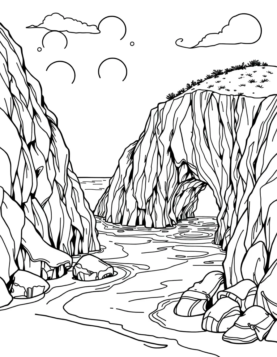 Seaside cliff with secret mermaid grottos only accessible at high tide